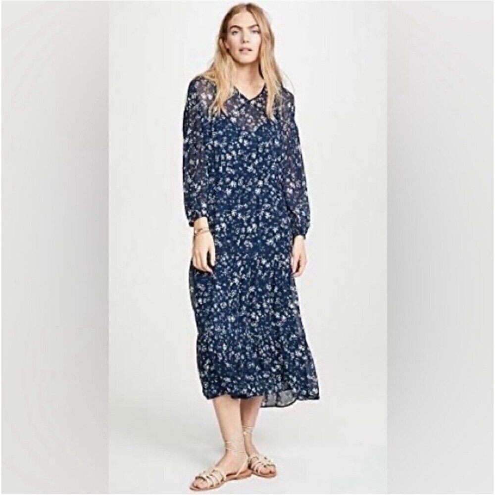 Free People Navy Blue Dress W/ White Floral Pattern & Rear Key Hole Size XSmall